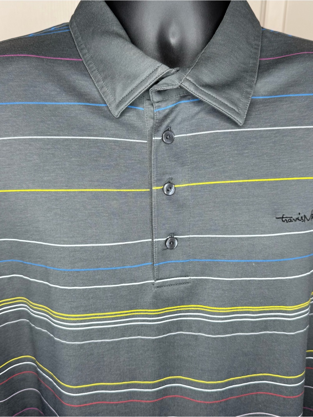 Travis Mathew NWOT Charcoal Polo with Multicolor Stripes Men’s XL